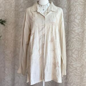 NWT Vintage 90s‎ Tower Hill Ivory Linen ButtonUp Shirt Butterfly Embroidery Sz L